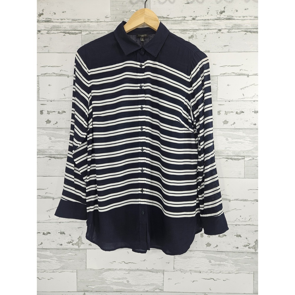 Talbots Petites Navy Blue White Striped Rayon Button Down Shirt Size MP